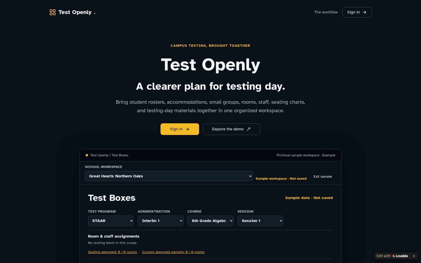 Front page of Test Openly