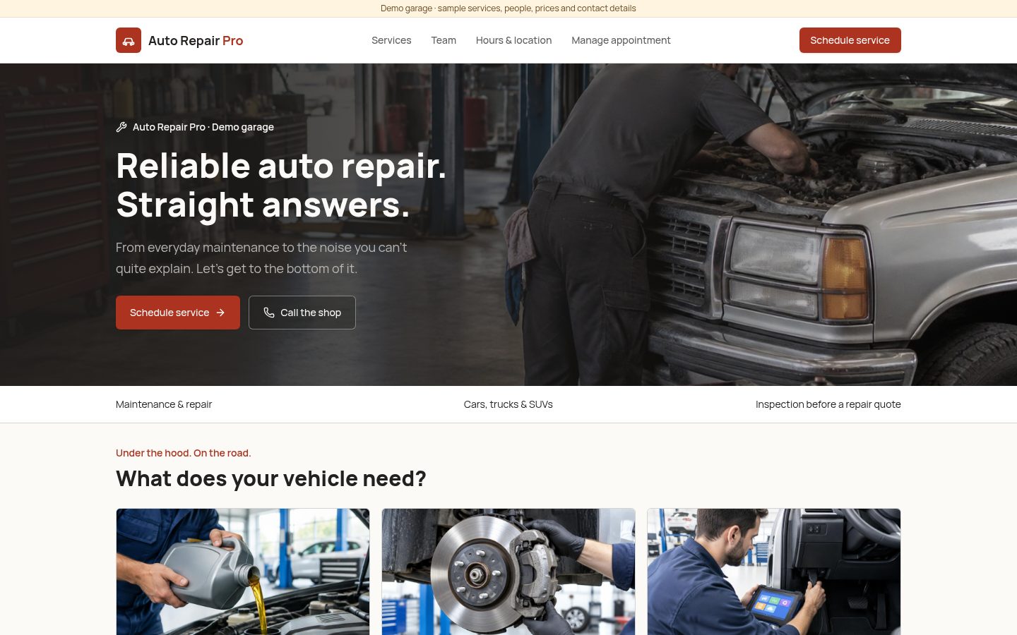 Front page of Auto Repair Pro