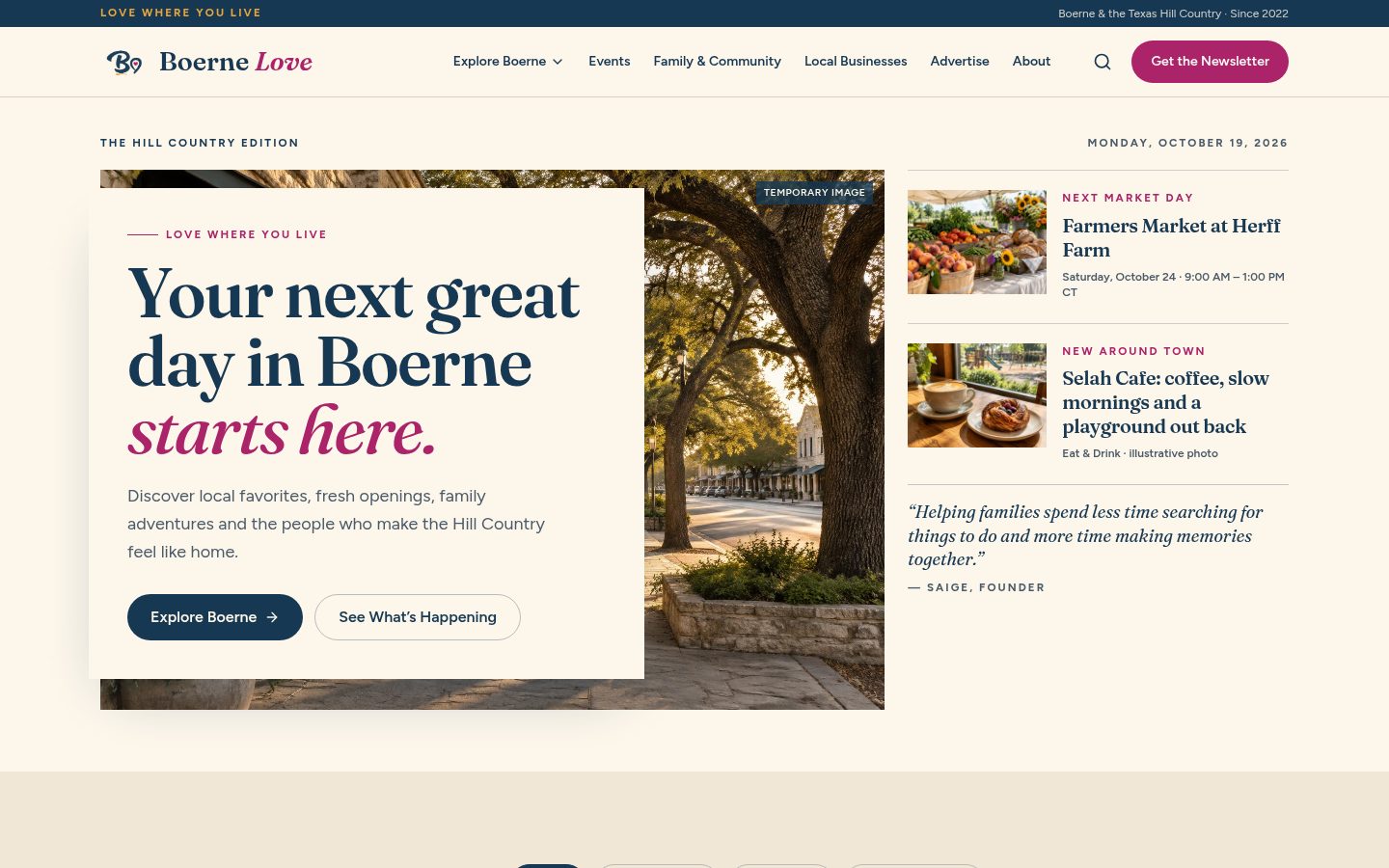 Front page of Boerne Love