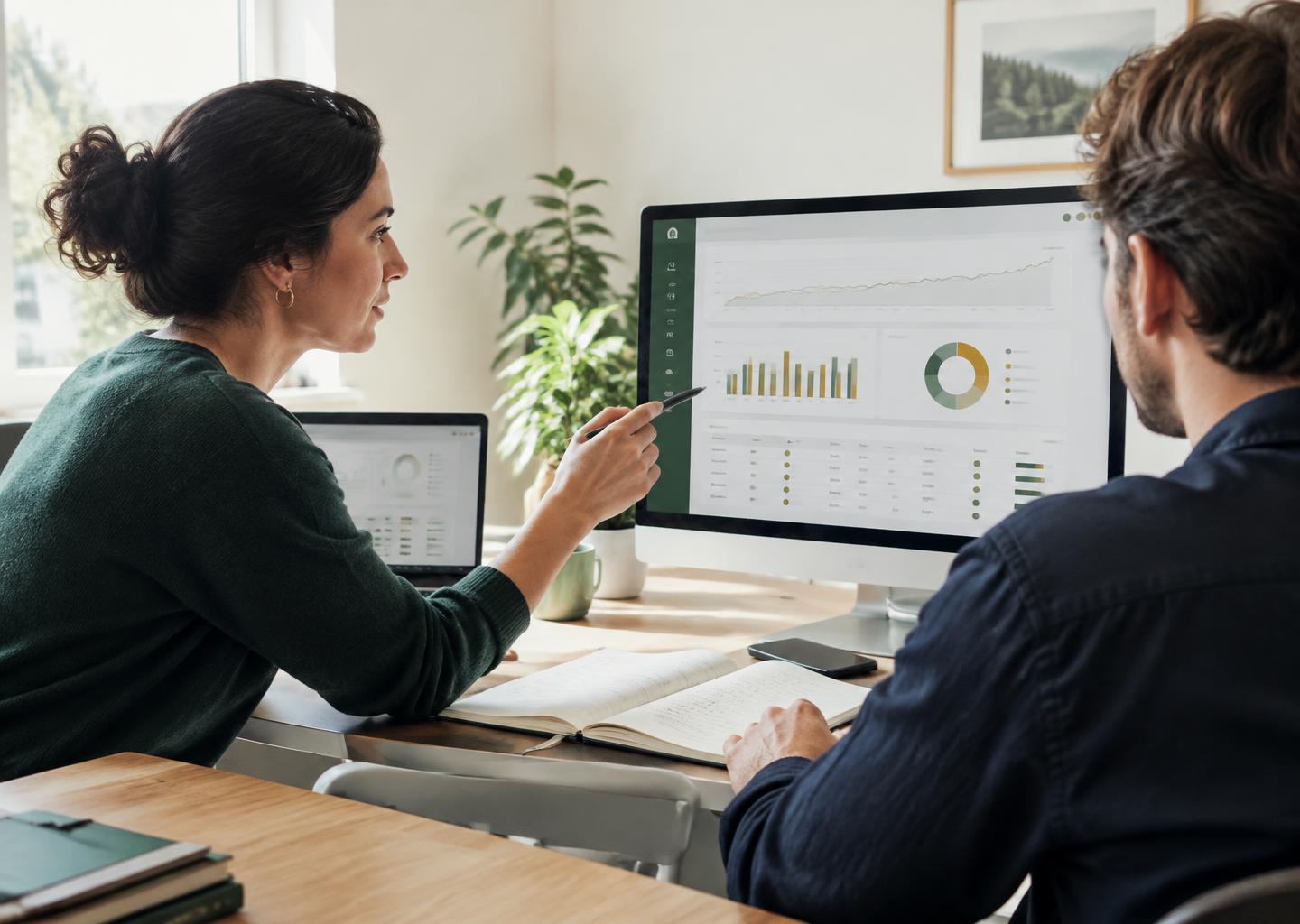 Business owners reviewing a connected operations dashboard together
